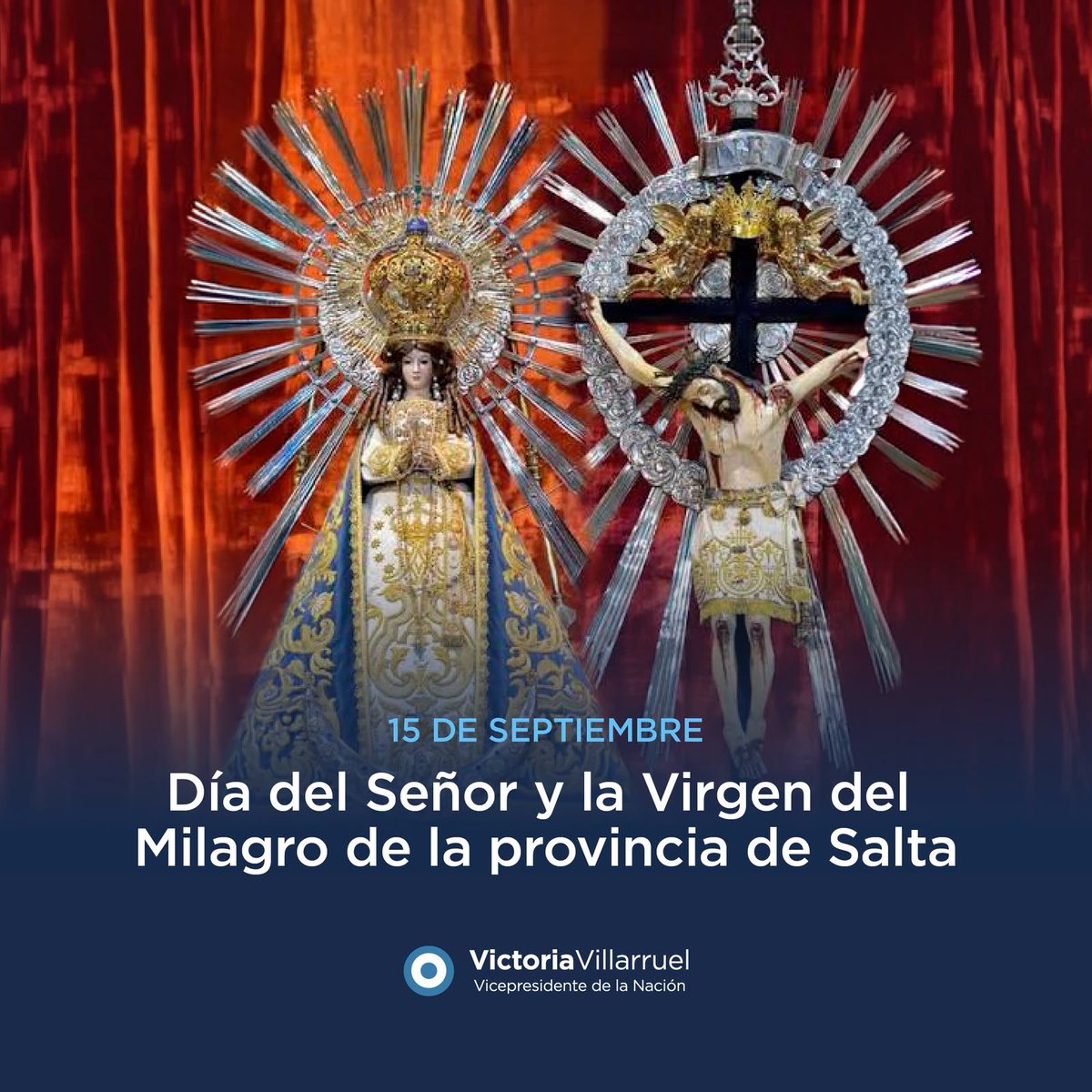 VickyVillarruel's tweet photo. Cada 15 de septiembre, la provincia de Salta se convierte en el corazón creyente de la Patria durante la fiesta del Señor y la Virgen del Milagro.

Esta devoción nació en 1692, cuando la tierra salteña tembló e incesantes terremotos amenazaron con destruirlo todo. 

Fue ante la imagen del Cristo crucificado, olvidado durante años en la penumbra de un templo, y de la Santísima Virgen, donde el pueblo encontró consuelo y protección. 

Desde entonces, año tras año, miles de peregrinos caminan durante días desde los rincones más lejanos de la Puna, los valles y los cerros, para renovar su Pacto de Fidelidad.

Ver a las familias salteñas y a compatriotas de todo el país avanzar a pie, sosteniendo sus rosarios, rezando y cantando con lágrimas en los ojos, es un testimonio del alma creyente de nuestro pueblo. 

En esa caminata no hay diferencias, solo hay una fe viva que sostiene la esperanza y la certeza de que la Providencia nunca abandona a esta tierra.

En este día tan especial, me uno a las oraciones de la querida provincia de Salta y de todos los devotos del país, que ojalá algún día puedan vivir in situ esta fiesta de fe. 

¡Un abrazo fraterno a nuestros queridos hermanos salteños en el día de sus Santos Patronos!