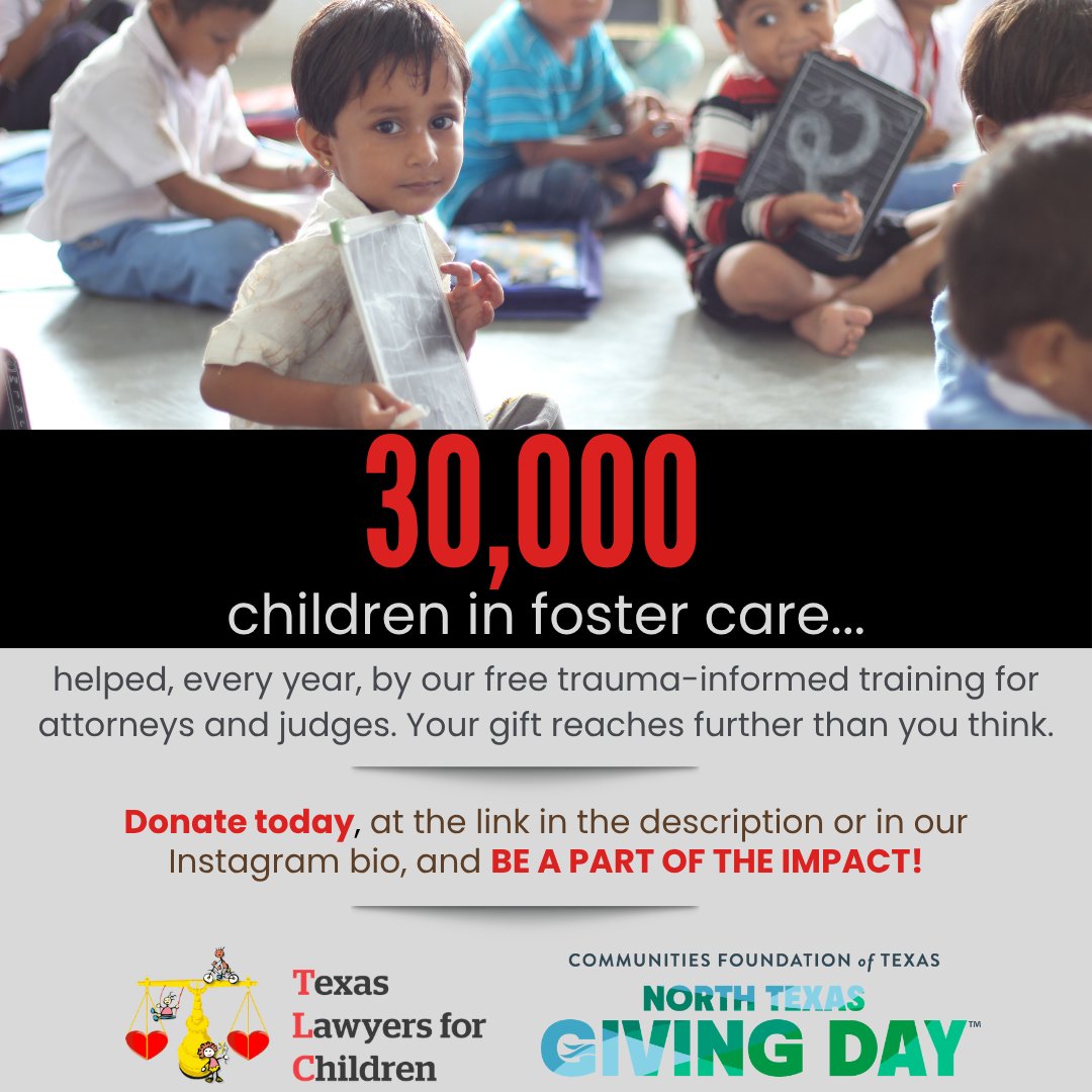 TLC_Updates's tweet photo. TLC creates free, trauma-informed training and resources for judges and attorneys working with kids in foster care — reaching 30,000 children every year. A $50 or $100 gift goes further than you'd think. We would love your support. 💛

Donate now, at https://t.co/01lGNwr9nZ https://t.co/CjI5JeeOTt