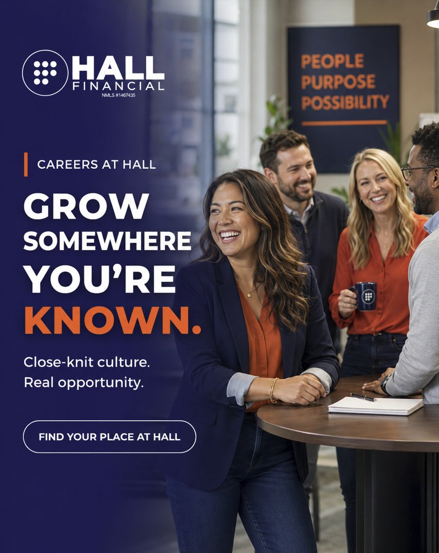 HallFinancial's tweet photo. Great careers grow faster when people feel known, supported and genuinely part of the team. At Hall Financial, we work hard, celebrate wins together and show up for one another. If you want a close-knit culture with room to build something meaningful, let's talk.

Ready for your next move? Message us about careers at Hall Financial.

#HallFinancial #MortgageCareers #JoinOurTeam #MortgageProfessionals