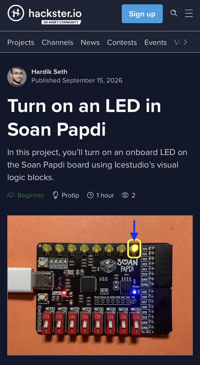 AshokTinkering's tweet photo. Another beginner-friendly Soan Papdi tutorial is now live on @Hacksterio!

Just connect the blocks, build, upload, and you’re good to go.
No complex HDL required.

Want to learn FPGA the simplest way?
Check out Soan Papdi → Link in the comments 👇 https://t.co/NF1QprtI0G