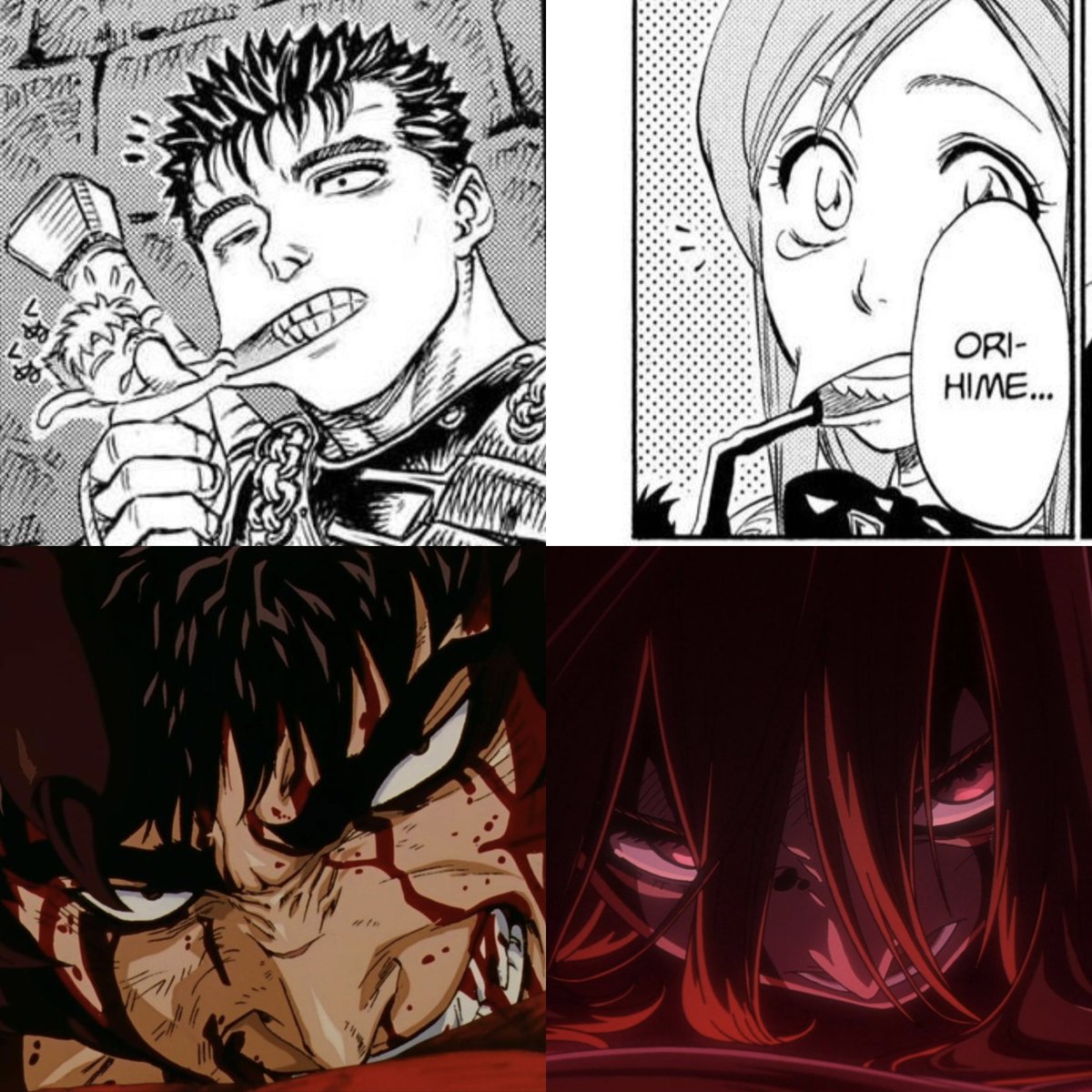 IzuOchaCanon431's tweet photo. The parallels between Guts and Orihime😭 https://t.co/9CR2Nj1UYO