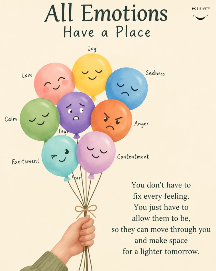 PositivitySaid's tweet photo. All emotions have a place. 

Joy, anger, fear, sadness. You don't have to fix every feeling, just allow them to be, so they can move through you and make space for a lighter tomorrow. https://t.co/ER1SxctF1D