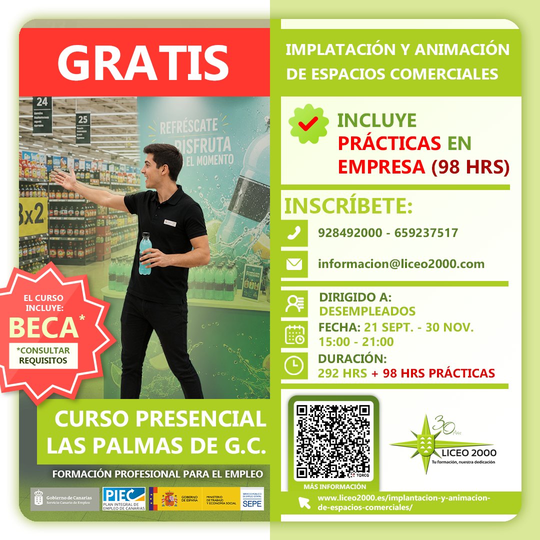 LICEO2000's tweet photo. [CURSO GRATIS]
🛍️IMPLANTACIÓN Y ANIMACIÓN DE ESPACIOS COMERCIALES

Para más información:
✉️ informacion@liceo2000.com
📞 928364205 - 636663316
🔗 https://t.co/iWhhsH27Yq

#Liceo2000 #Implantación #Animació #EspaciosComerciales https://t.co/0SQrwLm7bR