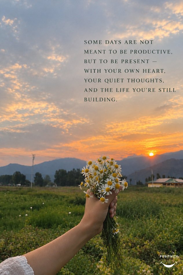 PositivitySaid's tweet photo. Some days are not meant to be productive, but to be present. 

With your own heart, your quiet thoughts, and the life you're still building. let today be one of those days. https://t.co/wBxC3AMTkq