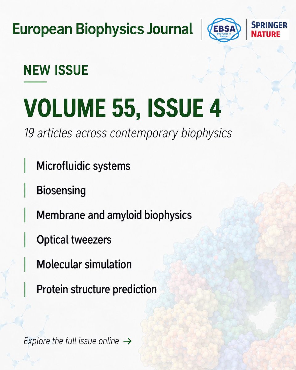 EuroBiophysJ's tweet photo. 📚 Explore Volume 55, Issue 4 of EBJ: 

19 papers spanning microfluidics, biosensing, membrane and amyloid biophysics, optical tweezers, molecular simulation and more.

https://t.co/OEZ9Dqn9KA https://t.co/d6Xy4FRbHK