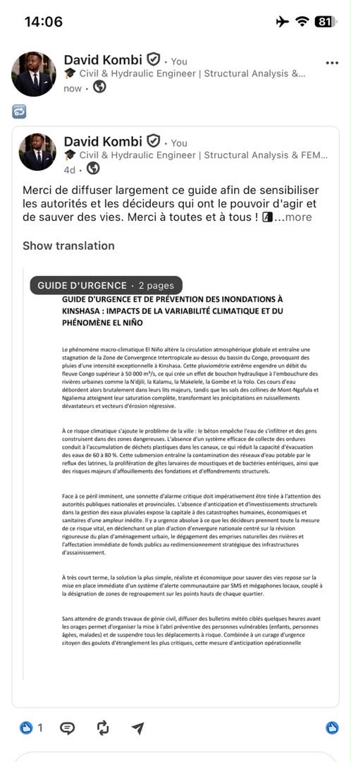 DavidIngenieur's tweet photo. Quant à la situation qui guette Kinshasa, les mots me manquent pour l'exprimer. Prenez cette alerte très au sérieux et relayez ce message jusqu'à ce qu'il atteigne les autorités compétentes, afin que des mesures concrètes soient adoptées. Je vous remercie.

LinkedIn : David Kombi 

@Presidence_RDC  @Com_mediasRDC  @MinITP_RDC