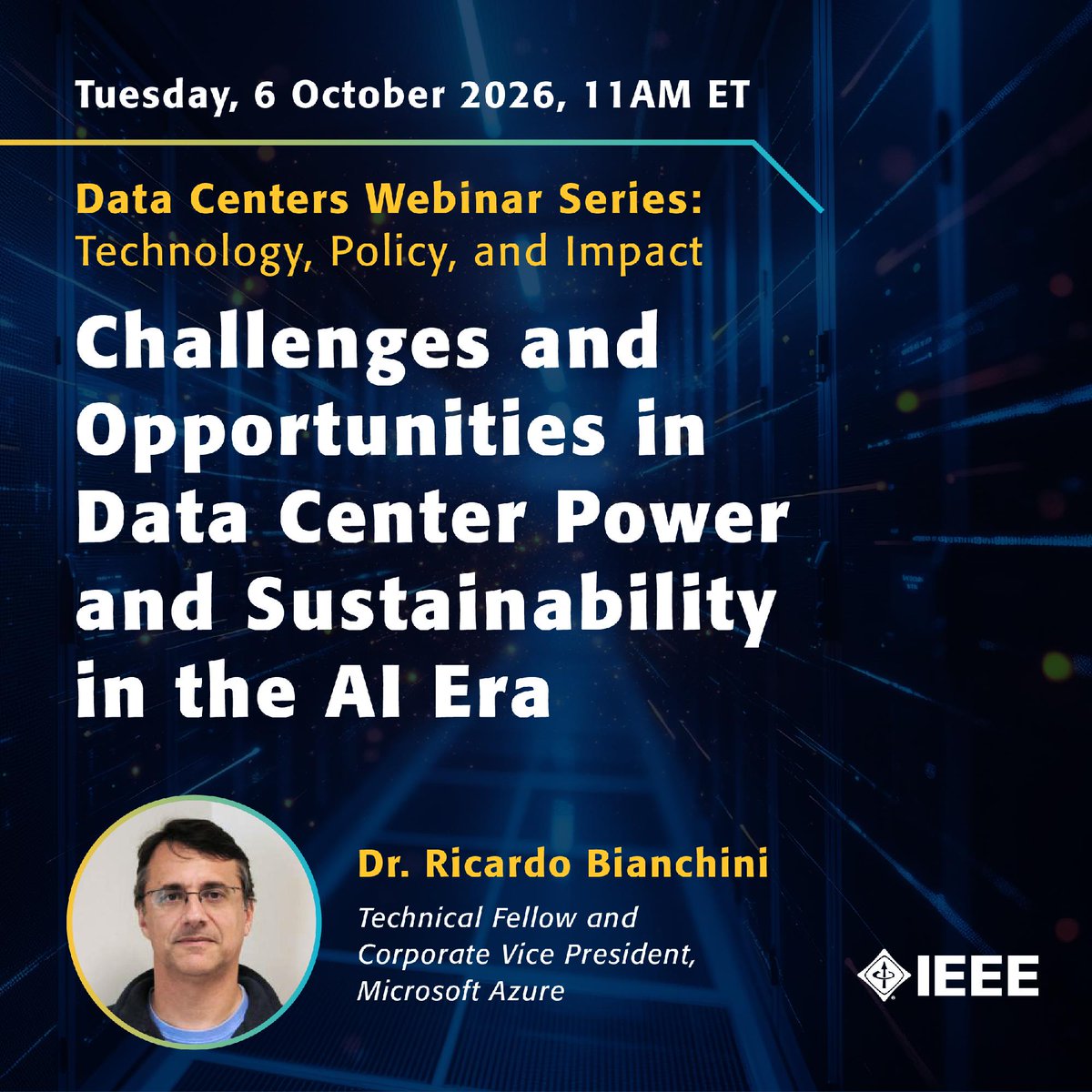 ComputerSociety's tweet photo. #IEEE Computer Society, ComSoc, Power &amp; Energy, &amp; Signal Processing explore issues impacting the future of #AI #infrastructure

Challenges and Opportunities of #Data Center Power and #Sustainability in the AI Era
📅 6 October 2026 @ 8 AM PT / 11 AM ET
🔗  https://t.co/nk9gu6BGZR https://t.co/Q1Z7rS4Zra
