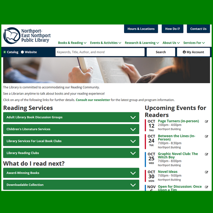 NENPL's tweet photo. What will you read next? Let us help.
Visit our Books and Reading web page: https://t.co/dEI4KrV6TB
Or contact the Reference Desk: https://t.co/4ueUvM9R4a
#NENPL #Northport #EastNorthport #EatonsNeck #Asharoken #FortSalonga #CowHarbor https://t.co/jfLo3Xg9uC