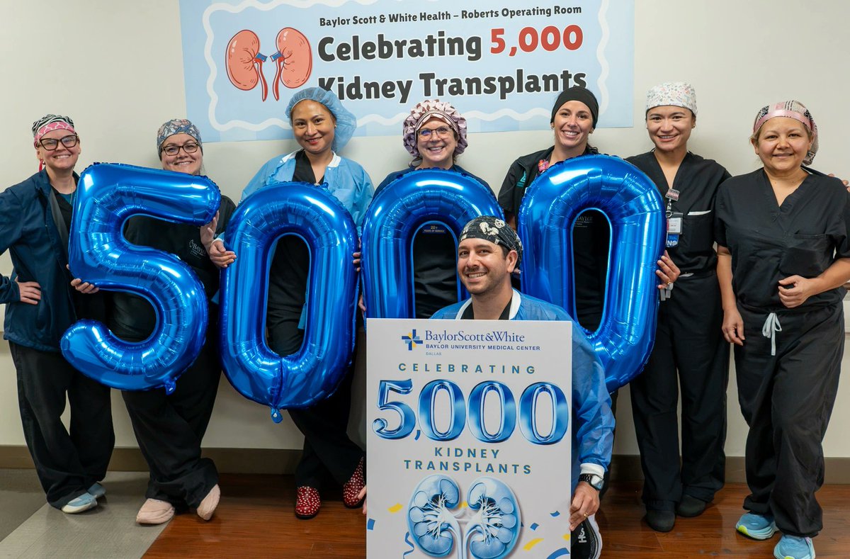 bswhealth's tweet photo. 5,000 kidney transplants. Thousands of lives touched by hope. Baylor University Medical Center reached its 5,000th kidney transplant milestone. This critical milestone reflects decades of innovation, teamwork, and the patients, families, and care teams behind every journey. https://t.co/6yCWGj6DNH