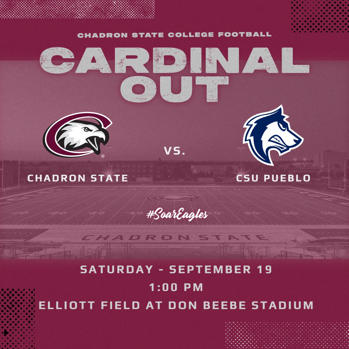 CSCFootball's tweet photo. We're FOUR days away from our second home game and we want to see YOU there.  

Join us at 1 p.m. on Saturday for our home game against CSU Pueblo. 

Show your Chadron State pride and wear your cardinal-colored gear. Come pack the stands! 

#SoarEagles #ProtectTheRock https://t.co/N4hpmrlKo3