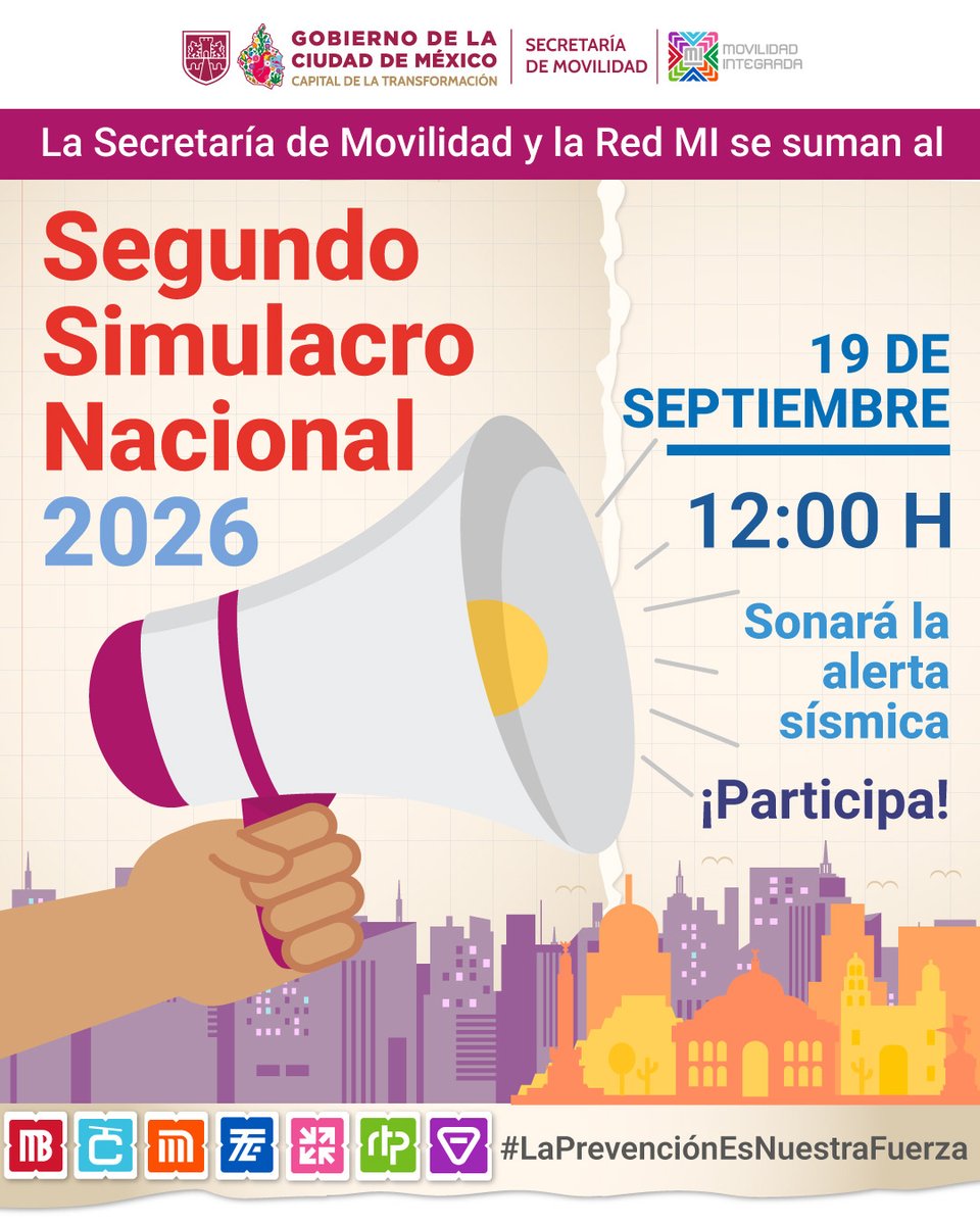 LaSEMOVI's tweet photo. ¡Prepárate, participa y actúa! 👀

Este 19 de septiembre a las 12:00 horas sonará la alerta sísmica para realizar el #SegundoSimulacroNacional2026. 🦺

Es una oportunidad para poner a prueba nuestros conocimientos y aprender cómo responder de manera adecuada ante una emergencia. 

¡Participa! 🤝
