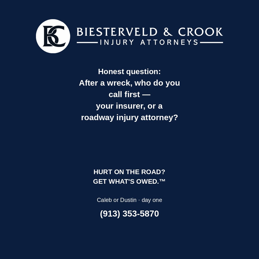 KC_InjuryLaw's tweet photo. Honest question for KC metro drivers:
If you were in a wreck tomorrow, who would you call first—your insurer or a roadway injury attorney?

No trick question. We’re listening.

HURT ON THE ROAD? GET WHAT'S OWED.™
Roadway injuries KS/MO · Caleb or Dustin day one · (913) 353-5870 https://t.co/eZxEb6FomT