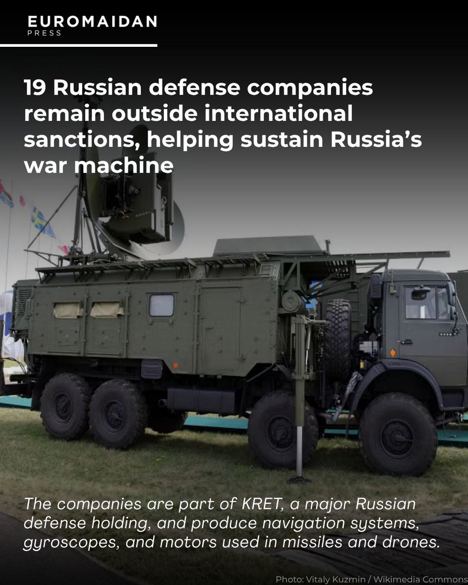 EuromaidanPress's tweet photo. More than a third of the enterprises in Russia's KRET defense holding faced no international sanctions

KRET produces electronic warfare systems, onboard electronics for fighter jets, and components for missiles—including Iskander and Zircon.

Among the 19 unsanctioned firms: manufacturers of gyroscopes for cruise missiles and navigation systems for guided air-launched missiles.

The EU had sanctioned only 23% of 482 entities linked to Rostec, KRET's parent corporation, an August report by the anti-corruption organization NAKO found.

Ukraine's intelligence called for more defense companies to be added to sanctions lists.

🔗 https://t.co/3jm0WT4dzu