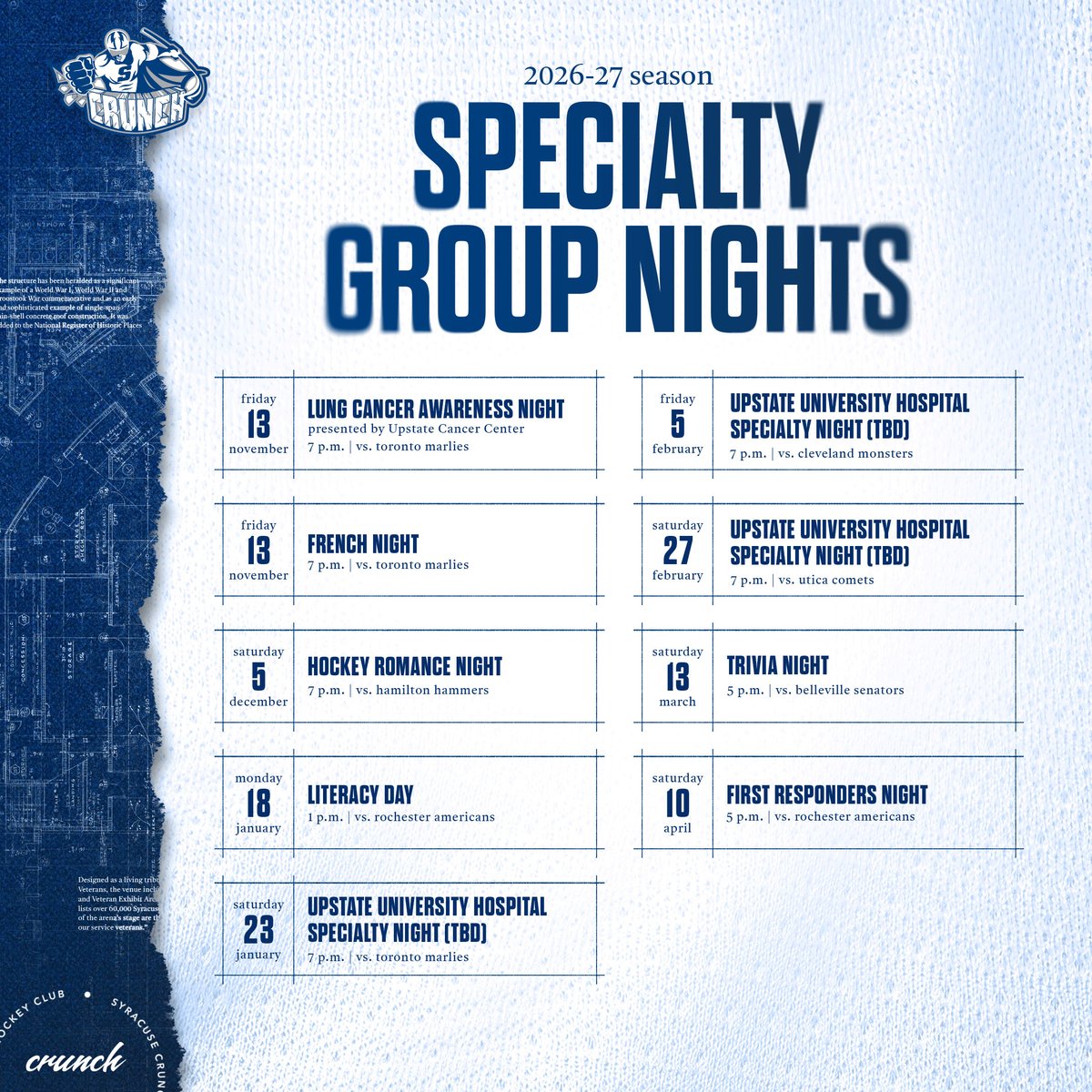 SyracuseCrunch's tweet photo. 🗣️ OUR PROMO SCHEDULE IS LIVE!

There’s a theme or specialty group night for everyone! Bring your crew to watch the Crunch live in action.

Get your tickets and join us at the barn this season!

🎟️: https://t.co/IPzHheeNgy
🗓️: https://t.co/TkZq197uc1 https://t.co/7E7l4B68Zk
