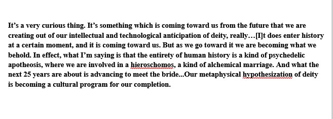 thecaptain_nemo's tweet photo. Terence McKenna 1987, sounding very much like Nick Land

"It's something which is coming toward us from the future...Our metaphysical hypothesization of deity is becoming a cultural program for our completion" https://t.co/ptMm9XNFZn