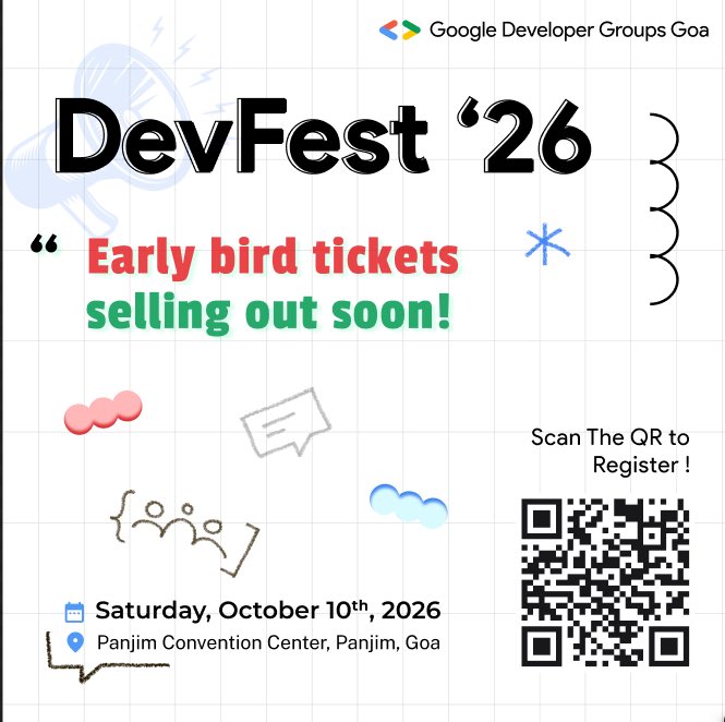 GDG_Goa's tweet photo. Early birds are almost gone 👀

DevFest Goa 2026 tickets are selling fast! 🔥

https://t.co/VmoaaD4U0n

Grab yours before the early bird tickets fly away. 🎟️🚀

#DevFestGoa #DevFest2026 #GDGGoa https://t.co/BQctBhGnFR