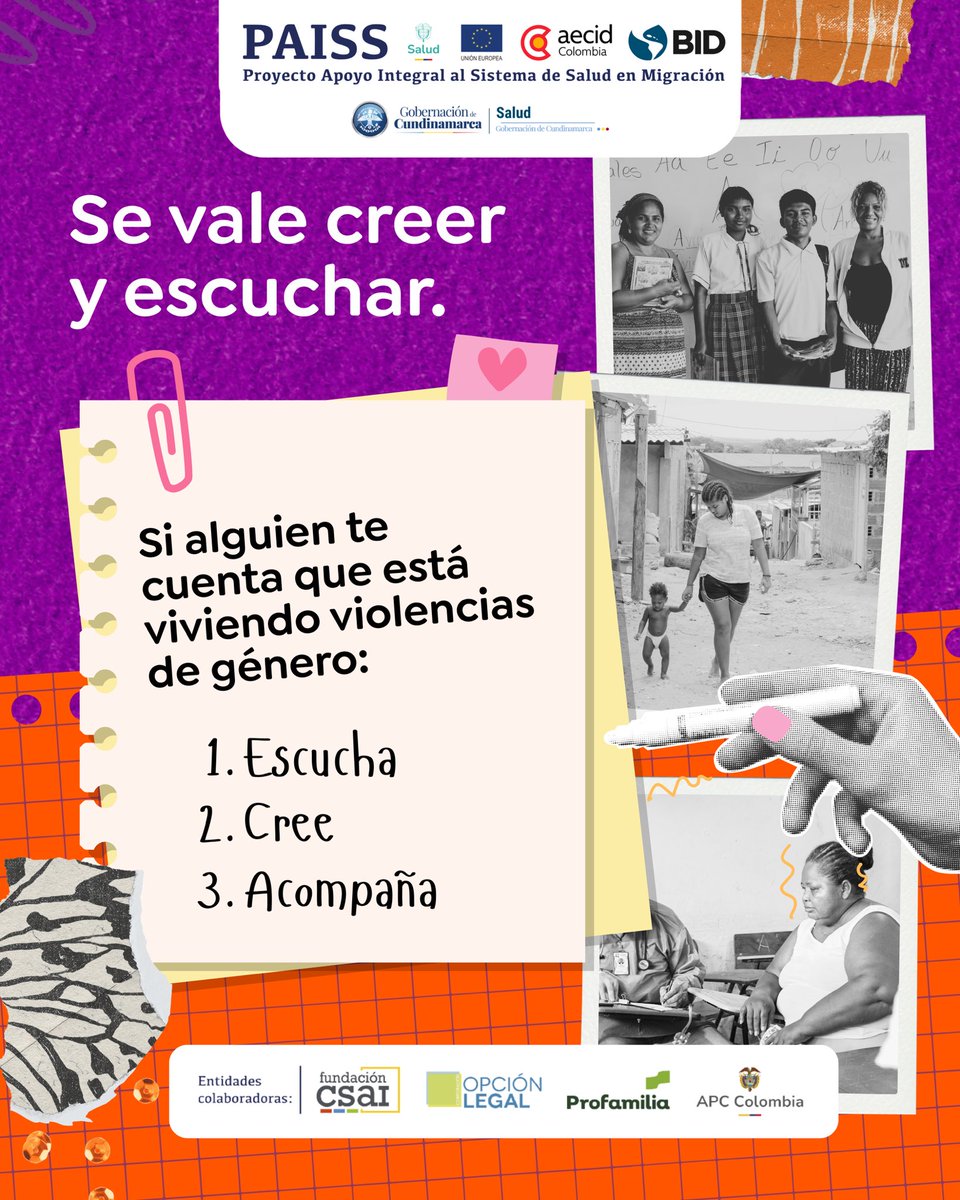 SecSaludCundi's tweet photo. Si alguien te cuenta que vive violencia, escúchala, créela y acompáñala.
Las violencias de género no son culpa de quien las sufre.
Acompañar también es cuidar.
#PAISSaludYMigración de @MinSaludCol 🤝 @UEenColombia y @AECIDColombia https://t.co/FCGXN7kcbv