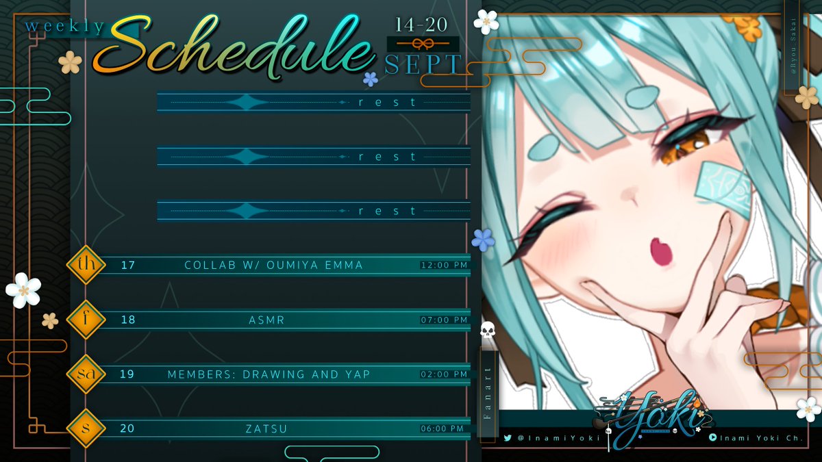 InamiYoki's tweet photo. 【🏮 SCHEDULE 🏮】
📅» All times in EST
---
✒️» #InamiYoki
Join the discord~:
🔗: https://t.co/rw5r67SzFx
#YokiLIVE https://t.co/3BBkDUWHtH