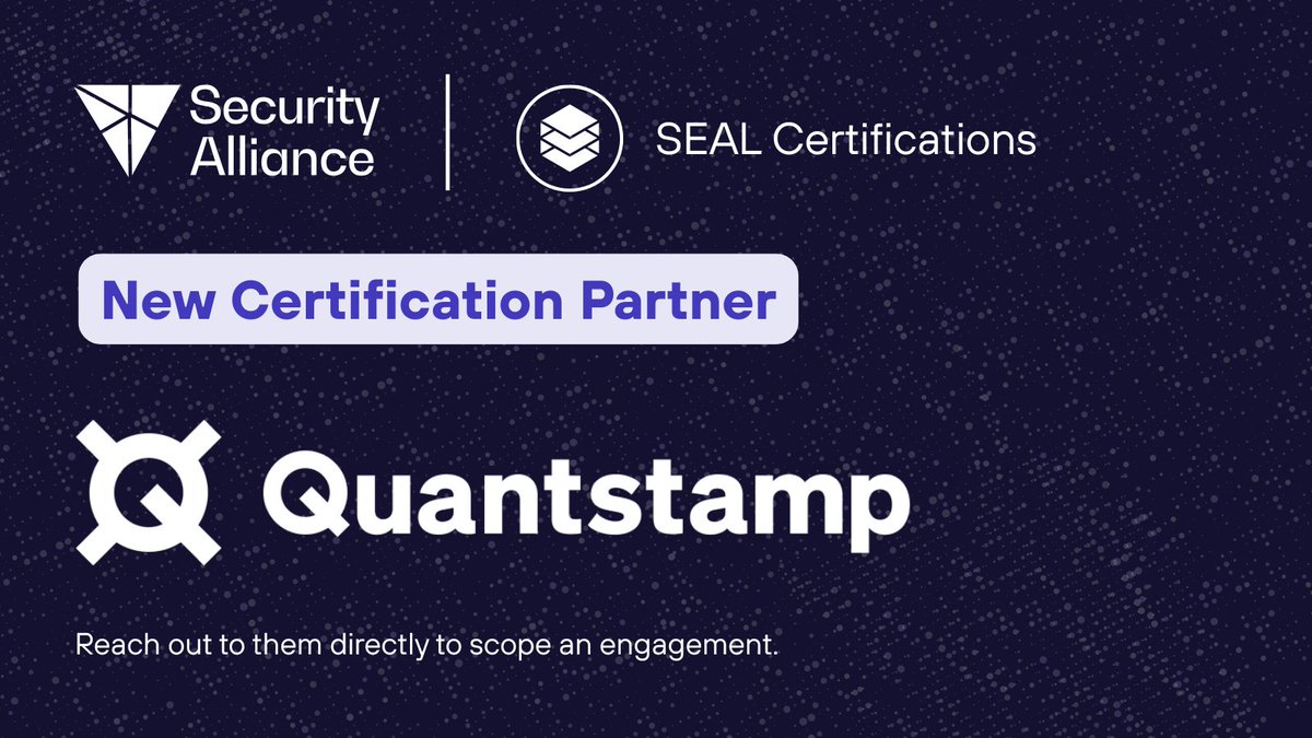 _SEAL_Org's tweet photo. Welcome @Quantstamp to the SEAL Certifications program! They’re now undergoing accreditation and taking on certification engagements.  

Details on SEAL Certifications:  https://t.co/K6h4wpABMA https://t.co/5yL7kFywNC