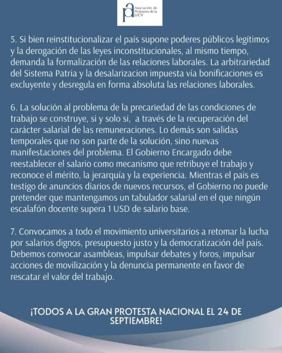 FAPUV's tweet photo. APUCV demanda el cese a la discriminación contra jubilados, empleados y obreros de las universidades, demanda la recuperación del carácter salarial de las remuneraciones y convoca a retomar la lucha por #SalarioDignoYA https://t.co/3EoL84uXkW