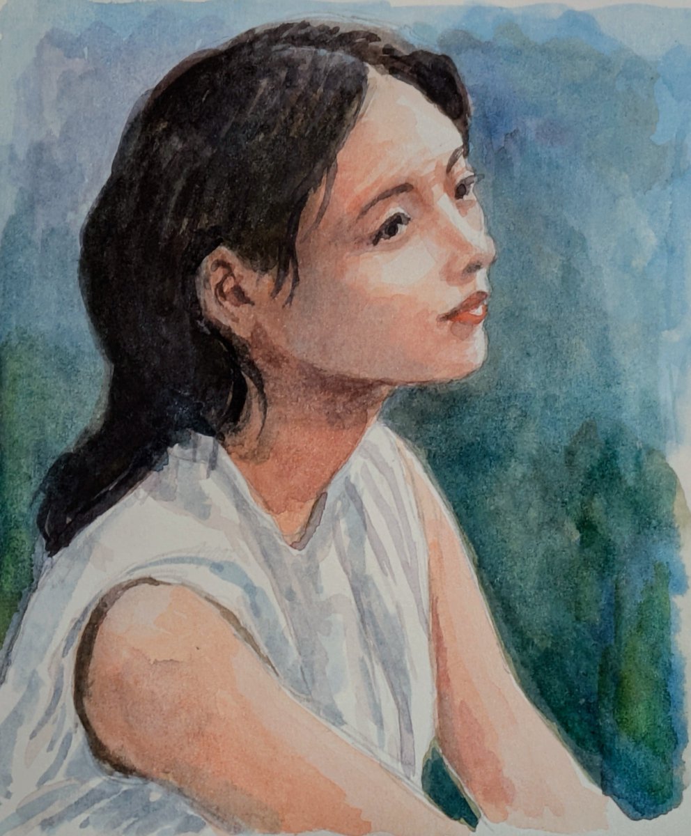 kayak888hm's tweet photo. ターレンスのアートクリエイションスケッチブック12×12の小さな紙面にリハビリお絵描きで人物を描いてみた。水筆一本で背景や細かいところまで描くのは大変だったが何とか出来た。 https://t.co/Y0dGw7pJPA