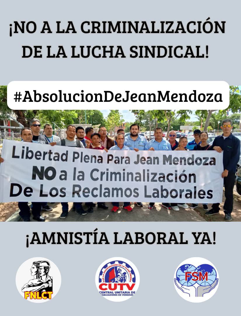 FNLCT's tweet photo. #15Sep
@CUTV_Venezuela y @FNLCT Exigimos #AbsolucionDeJeanMendoza
Dirigente sindical injustamente judicializado por desarrollar luchas laborales.
¡Libertad plena y restitución de derechos para todos los trabajadores presos y judicializados en Venezuela!
@MinpublicoVEN
@OITAndina https://t.co/KWPeotLIdN