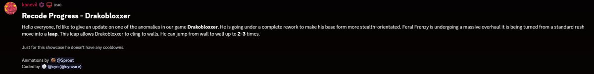 TerrorRealmRBLX's tweet photo. Drakobloxxer's Rework Sneak Peek!

Drakobloxxer's kit will now be more stealth-oriented, including a total rework of Feral Frenzy, going from a dash to a leap! He can cling onto walls and jump 2-3 times. 

This information comes from the Discord server

#TerrorRealm #drakobloxxer https://t.co/pcKtLJw1lZ