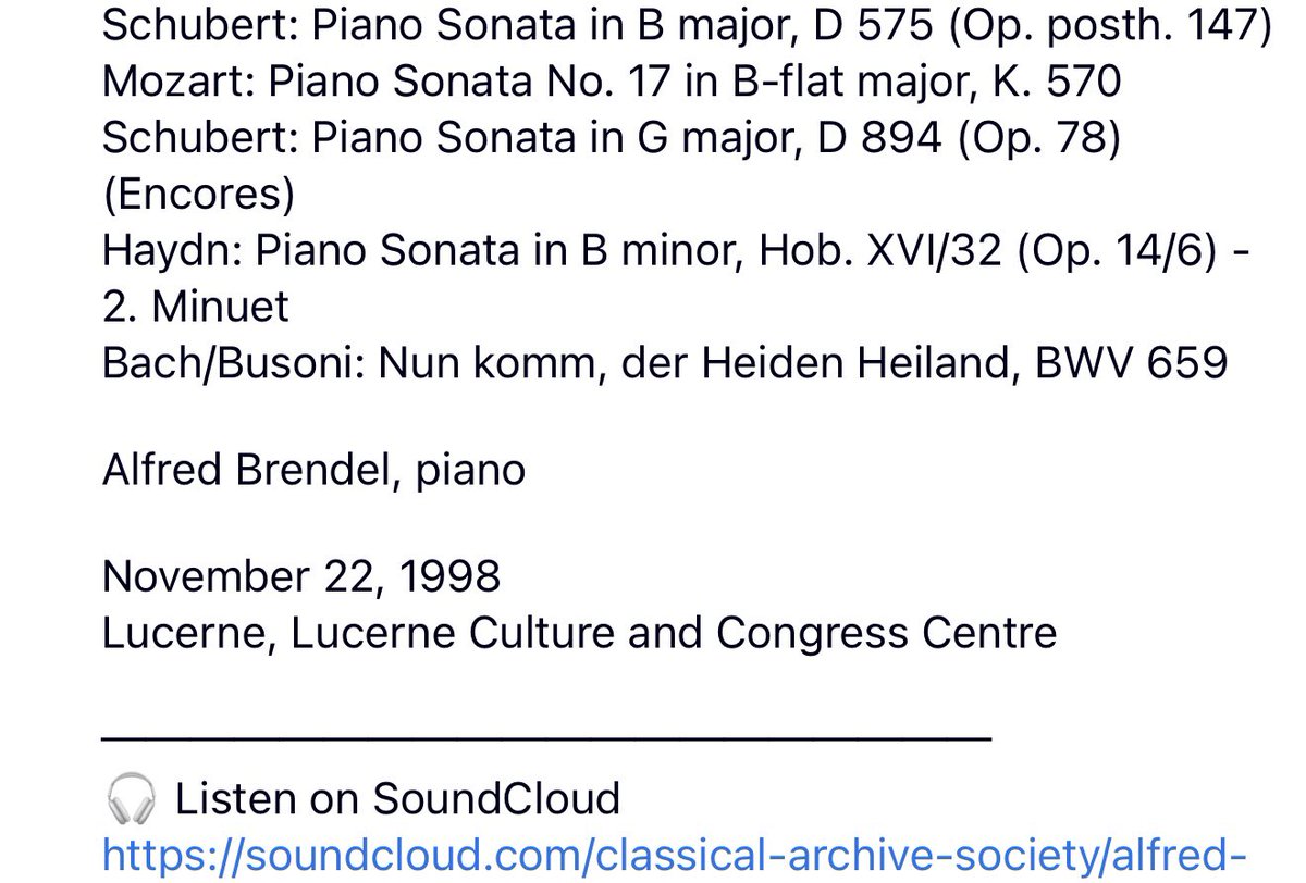 ClassicalArcSoc's tweet photo. Alfred Brendel, piano

November 22, 1998
Lucerne, Lucerne Culture and Congress Centre

────────────────────
🎧 Listen to this recording exclusively within the Community.

Interested in joining? You can apply for membership here:
https://t.co/q7KnUplU6z https://t.co/m3nl0wb1aB