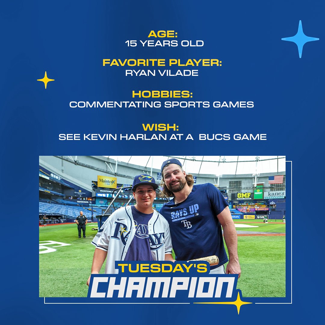 RaysBaseball's tweet photo. Saving Justin for last!

A sports fan through and through, today’s Tuesday’s Champion joined us from @makeawishsfla. While diagnosed with left ventricular non-compaction cardiomyopathy, that hasn’t prevented Justin’s pursuit of all things sports - especially when it comes to commentating. Fun fact, he would be an excellent sports trivia partner!