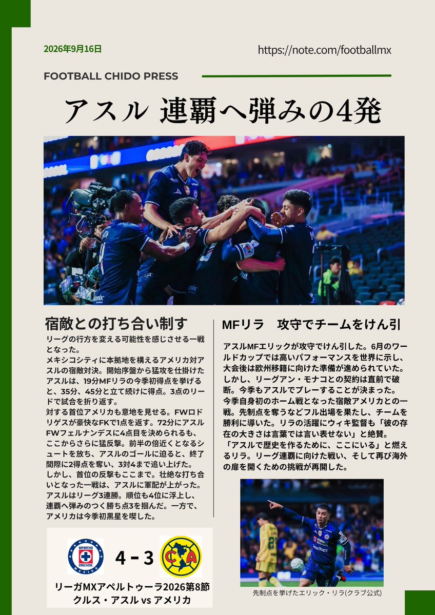 futbolmx_chido's tweet photo. 【リーガMXマッチレポート｜第8節】
🇲🇽アスル 連覇へ弾みの4発🇲🇽
☑️宿敵との打ち合い制す
☑️MFリラ 攻守でチームをけん引
☑️上位下位 明暗分かれる
CANCHA 【ダービーを生む『誇りと因縁』】

アスルが宿敵アメリカを下した今節。
首位が入れ替わり、熾烈な上位争いが繰り広げられています！
#メキシコ https://t.co/VzY7kFjgOk