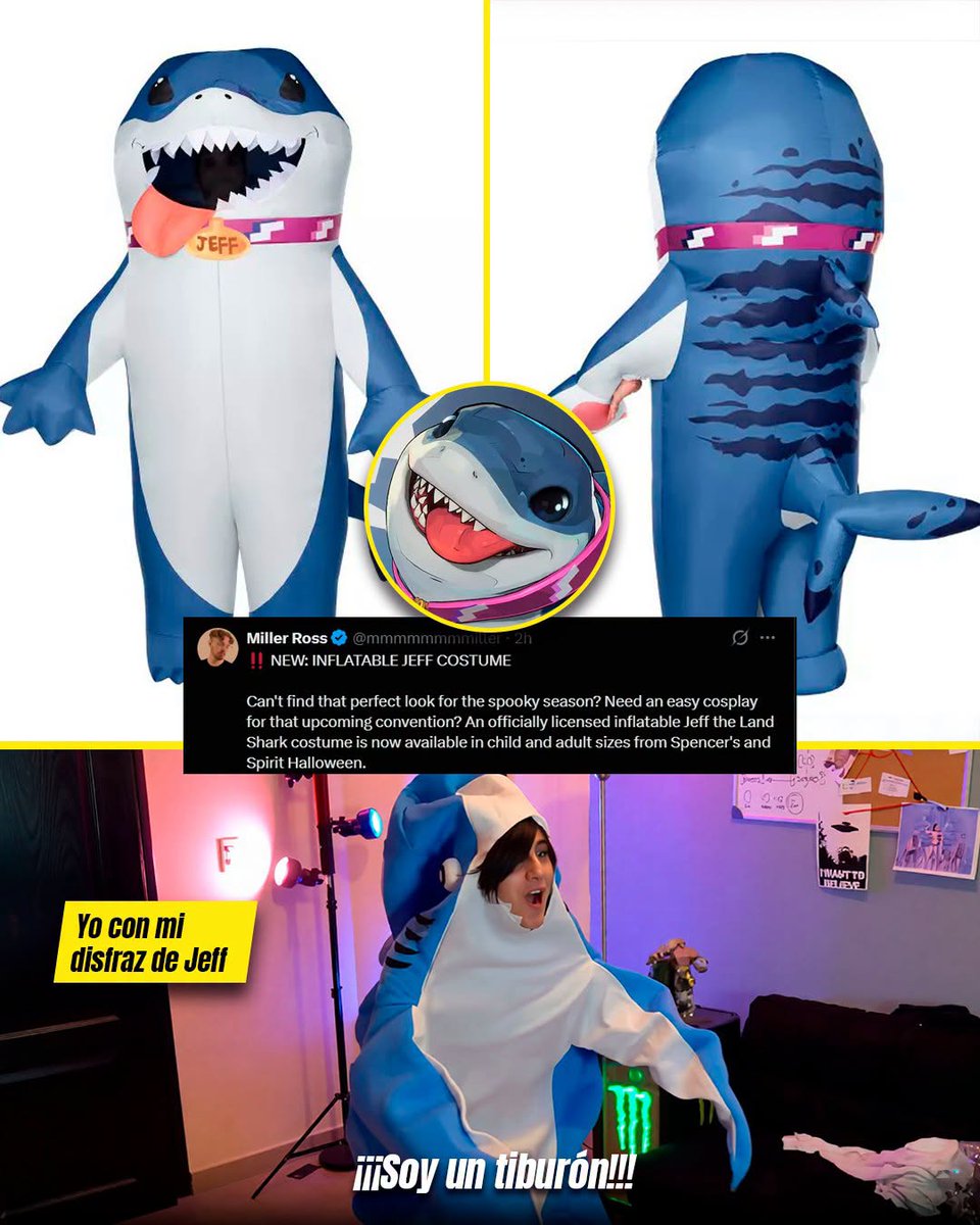 Snow_Rivals's tweet photo. DISFRAZ OFICIAL DE JEFF

El disfraz perfecto para este Halloween ya está aquí, un nuevo disfraz inflable de Jeff el tiburón acaba de ser lanzado por la tienda spencersonline.

El disfraz cuenta con licencia por lo que es un producto 100% oficial del juego, y lo mejor de todo es que tienen tamaños para niños y adultos.

#marvelRivals #marvelrivalslatam #marvelrivalsnews #marvelrivalsmemes