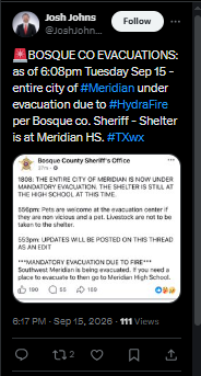 Indexma's tweet photo. A #Wildfire in #Bosque County #TX #Texas has prompted the EVACUATION of the county seat: #Meridian -->> https://t.co/sKTU1LRLtE