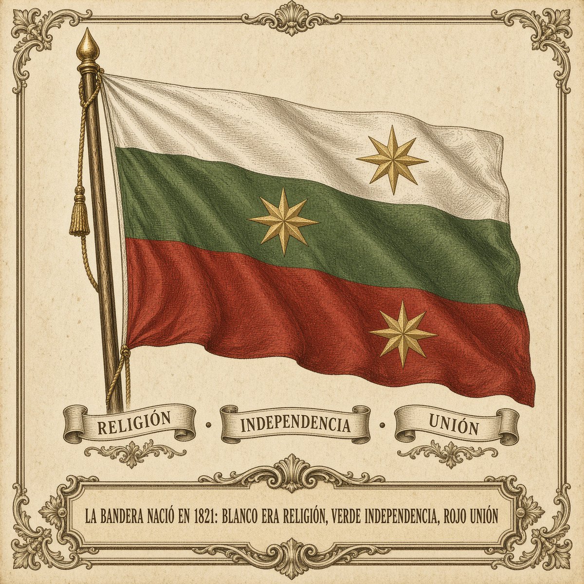 DonPorfirioDiaz's tweet photo. Hoy verás la bandera verde, blanca y roja por todas partes. Pero esos colores nacieron en 1821, no en 1810, y originalmente no significaban lo que te enseñaron en la escuela.

El verde, blanco y rojo aparecen por primera vez en la bandera del Ejército Trigarante, que consumó la Independencia en 1821 bajo el Plan de Iguala de Iturbide y Guerrero. "Trigarante" viene de las tres garantías del plan, y cada color representaba una: blanco era la Religión católica; verde, la Independencia; y rojo, la Unión, es decir, que españoles, criollos, mestizos e indígenas eran ya, todos, mexicanos por igual, sin castas. Nada de esperanza, unidad o sangre de héroes: la primera bandera era, ante todo, un pacto religioso y político. (Y ni siquiera tenía las franjas verticales de hoy: eran diagonales.)

Los significados que hoy repites llegaron mucho después. Cuando la Reforma separó a la Iglesia del Estado, en el siglo XIX, el blanco dejó de ser "la religión" y se volvió "la unidad"; el verde pasó de independencia a esperanza; y el rojo, de unión a la sangre de los héroes. La bandera, igual que el Grito, ha sido reinterpretada y rediseñada por cada época a su conveniencia; hasta la postura del águila se estandarizó ya entrado el siglo XX. Yo mismo, en mi régimen, la usé y la glorifiqué como símbolo de la nación que quería proyectar. Así que este 16 de septiembre, cuando ondees el tricolor, recuerda que hasta sus colores han cambiado de significado según el México que ha querido creerse cada generación. ¿Sabías que el blanco de la bandera significaba originalmente la religión? Cuéntame 👇🇲🇽