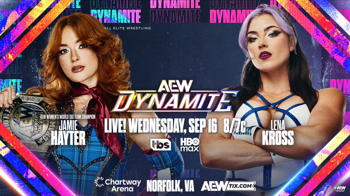 TonyKhan's tweet photo. Wednesday Night #AEWDynamite
8/7c, TOMORROW!
@jmehytr vs @Lena_Kross
Hayter &amp; her Brawling Birds partner Alex Windsor defend the AEW Women’s World Tag Team Title vs Divine Dominion at #AEWAllOut, but Kross aims to take out Hayter before Chicago!
Hayter vs Kross, TOMORROW NIGHT! https://t.co/xLCRuOCVYI