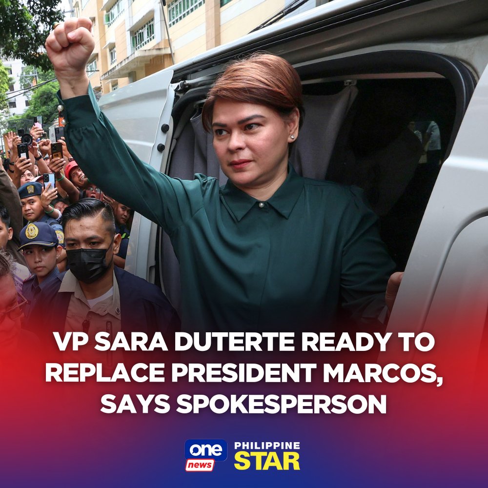 PhilippineStar's tweet photo. Vice President Sara Duterte is ready to replace President Marcos in case the latter resigns, according to her spokesman. https://t.co/O75uC9q4Vx | via @onenewsph https://t.co/QJp4eBVAgH