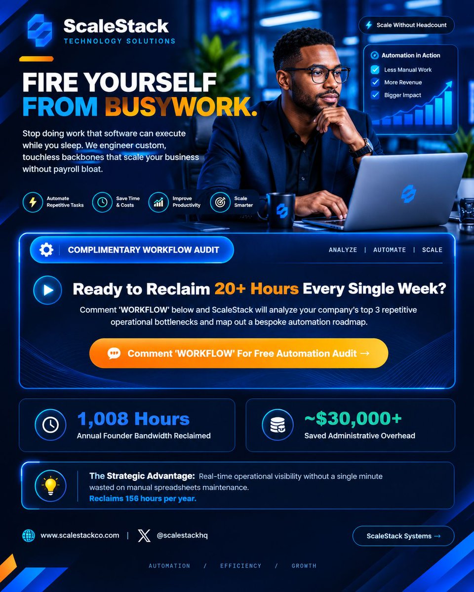 ScaleStack0's tweet photo. Still doing manually what automation can handle?
ScaleStack helps businesses automate workflows, qualify leads with AI, and connect data in real time.
DM "WORKFLOW" to identify your top automation opportunities.
#BusinessAutomation #AI #ScaleStack https://t.co/HDtAE7WC35