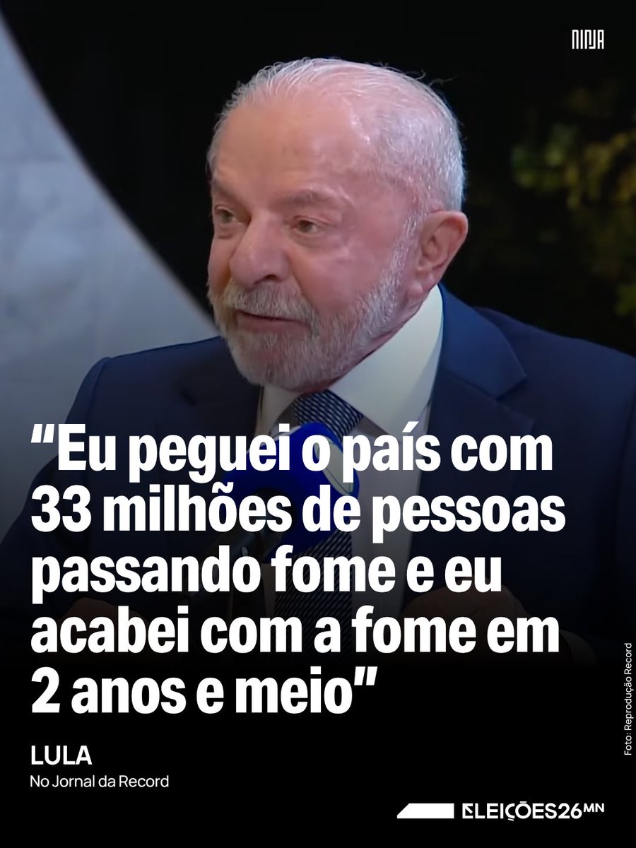 MidiaNINJA's tweet photo. Em 2025, a Organização das Nações Unidas para a Alimentação e Agricultura declarou o Brasil fora do mapa da fome. O país teve queda de 91% na insegurança alimentar entre 2023 e 2025.
Em entrevista ao Jornal da Record, Lula relembra que pegou o país passando fome e acabou com ela. https://t.co/jX5rxEOMVA