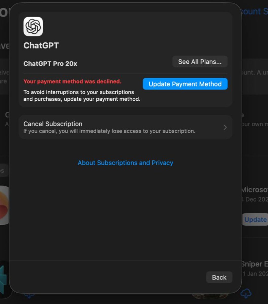 raymmmd's tweet photo. Hi @OpenAISupport @OpenAI @thsottiaux , I’m reaching out because I urgently need some help getting my account restored to the correct tier.

I have been a loyal ChatGPT customer for a very long time. I was on the ChatGPT Plus plan for ages, and I loved it so much that I switched to the Pro 20x plan immediately just a month after it came out! I rely heavily on it for my workflow and it’s been incredible.

Unfortunately, I just experienced a random billing glitch. My scheduled renewal payment was unexpectedly declined, and I was later downgraded to the 5x plan. I immediately contacted my bank to see what was wrong, and they confirmed that the payment mandate was already properly set up and active. They verified there are absolutely zero issues or blocks on their end.
I know that new signups for the Pro 20x plan are temporarily paused right now, but since I was already an active subscriber and only lost my access due to a system error outside of my control, I am kindly requesting your help to restore my previous tier.
Could someone please assist me with a direct payment link so I can process the renewal directly and get my 20x plan back up and running? I’ve attached a screenshot of the decline message. I would really hate to lose the plan I've been loyal to over a random processing glitch! 🙏
