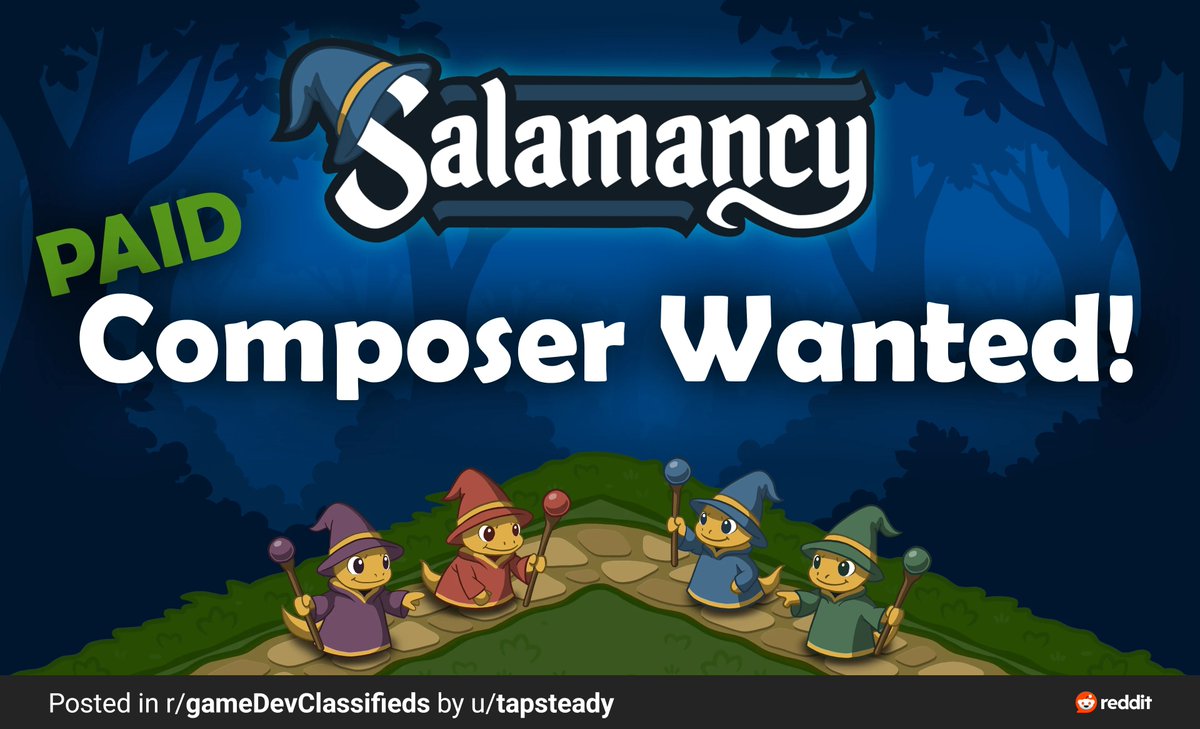 tapsteady's tweet photo. 🎵 PAID COMPOSER WANTED! 🎵

Looking for a composer to help define the sound of Salamancy, my whimsical puzzle game about confused salamander wizards! 🦎🧙

$900–$1,200 initial commission + potential full soundtrack.

Details in reply! Shares appreciated 💚
#GameAudio #GameMusic https://t.co/lTyx5PsFVz