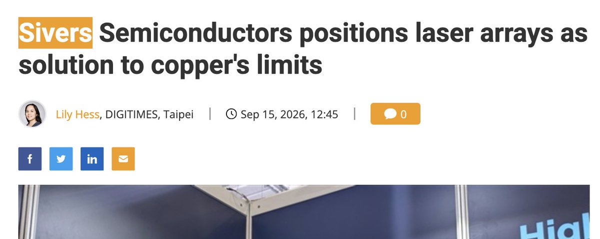 aleabitoreddit's tweet photo. $SIVE has its own piece in Digitimes btw, which is appreciated industry recognition outside of Sweden. 

I think Sivers 100M+ CW DFB laser capacity buildout forced the industry to revisit its models and generated considerably more coverage. 

BC it puts Sivers into T1 laser capacity convo w/ $COHR, Sumitomo, Furukawa, $AVGO, Landmark, and $LITE if it executes on its ramp. 

But outside of that, CIOE 2026 channel checks were really meaningful since the community found Sivers is working with Chinese pluggable players + setting up an office locally. 

I'm getting dejavu to the time I pointed out $SIVE + $JBL at OFC for their 1.6T LRO, but nobody believed the link until there was an actual press release. 

Anyway, proud to see this little company growing up