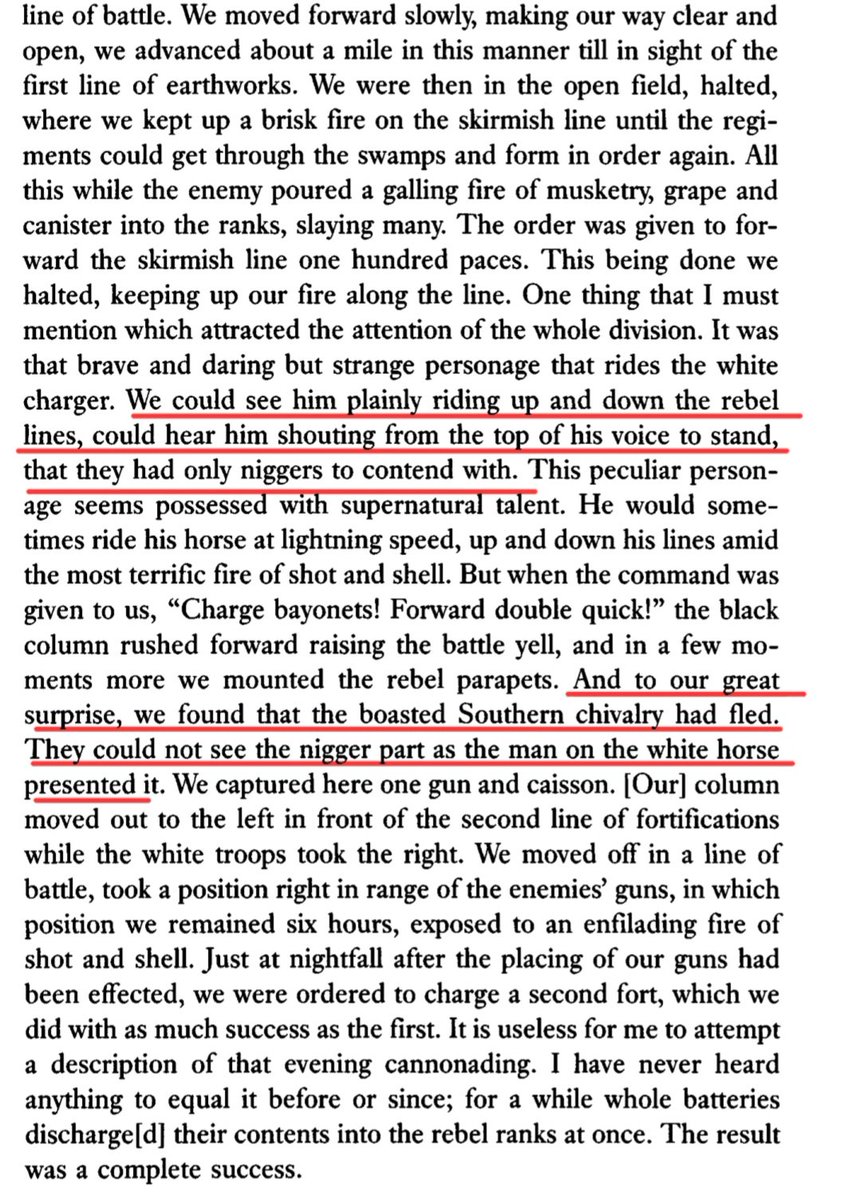 NonHumanMedia1's tweet photo. “We could see him plainly riding up and down the rebel lines, could hear him shouting from the top of his voice to stand, that they had only n*ggers to contend with”

“And to our great surprise, we found that the boasted Southern chivalry had fled”

Hilarious 😂 https://t.co/7KsRxeGE0O