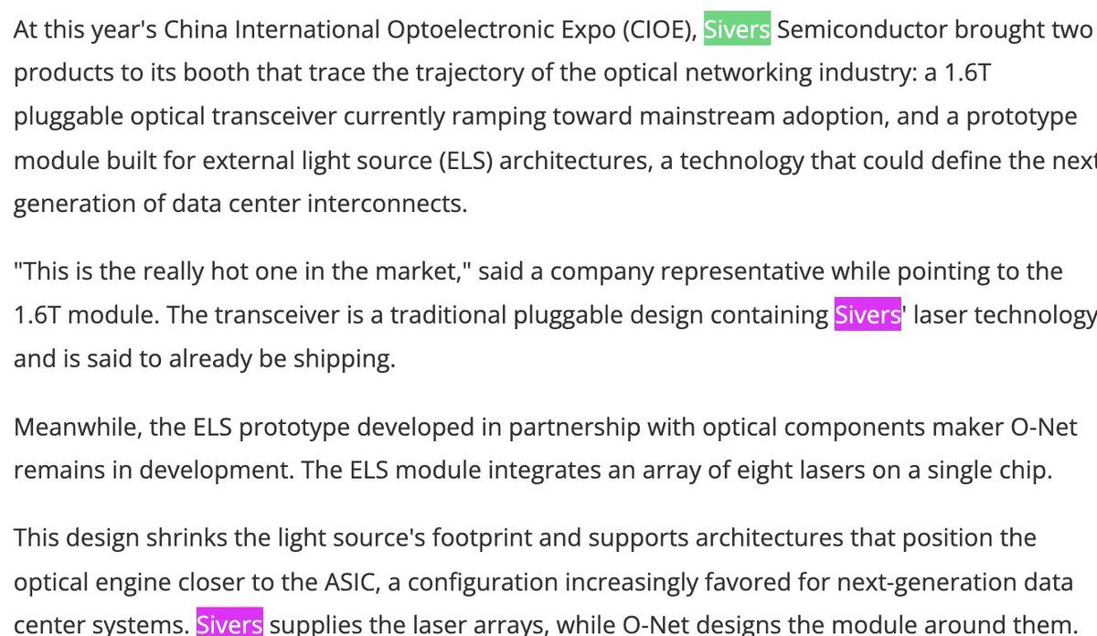 aleabitoreddit's tweet photo. $SIVE has its own piece in Digitimes btw, which is appreciated industry recognition outside of Sweden. 

I think Sivers 100M+ CW DFB laser capacity buildout forced the industry to revisit its models and generated considerably more coverage. 

BC it puts Sivers into T1 laser capacity convo w/ $COHR, Sumitomo, Furukawa, $AVGO, Landmark, and $LITE if it executes on its ramp. 

But outside of that, CIOE 2026 channel checks were really meaningful since the community found Sivers is working with Chinese pluggable players + setting up an office locally. 

I'm getting dejavu to the time I pointed out $SIVE + $JBL at OFC for their 1.6T LRO, but nobody believed the link until there was an actual press release. 

Anyway, proud to see this little company growing up