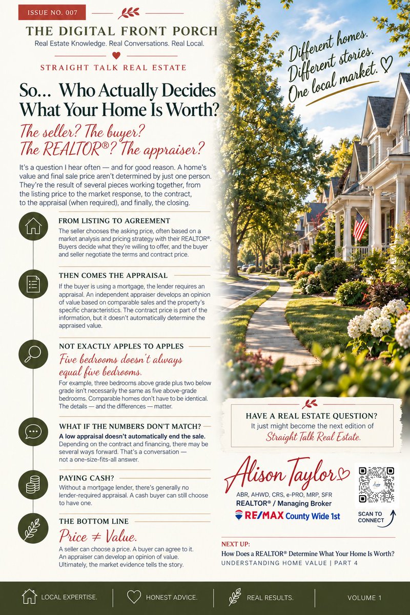 AlisonTaylorNWI's tweet photo. Who actually decides what your home is worth? 🏡

The seller? The buyer? The REALTOR®? The appraiser?

The answer: not just one of them.

And “comparable” doesn’t necessarily mean identical.

Understanding Home Value | Part 3
#NorthwestIndiana #RealEstate https://t.co/Hf4OKj3c89