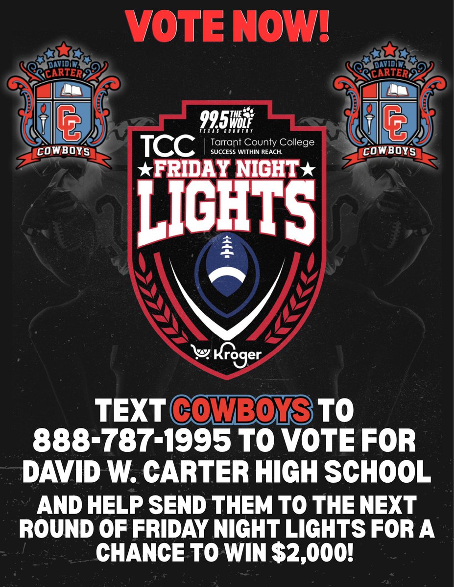 CoachHJones_87's tweet photo. Hey Carter Nation we need your support help us win the “Friday Night Lights” competition sponsored by Krogers this week match has Carter vs. North Side High School. Vote as many times as you can. @DWCarterHS @DWCBASEBALL1 @DALLASCARTERFB @dallasathletics @Bedford_Archers https://t.co/Un4iISqaLG