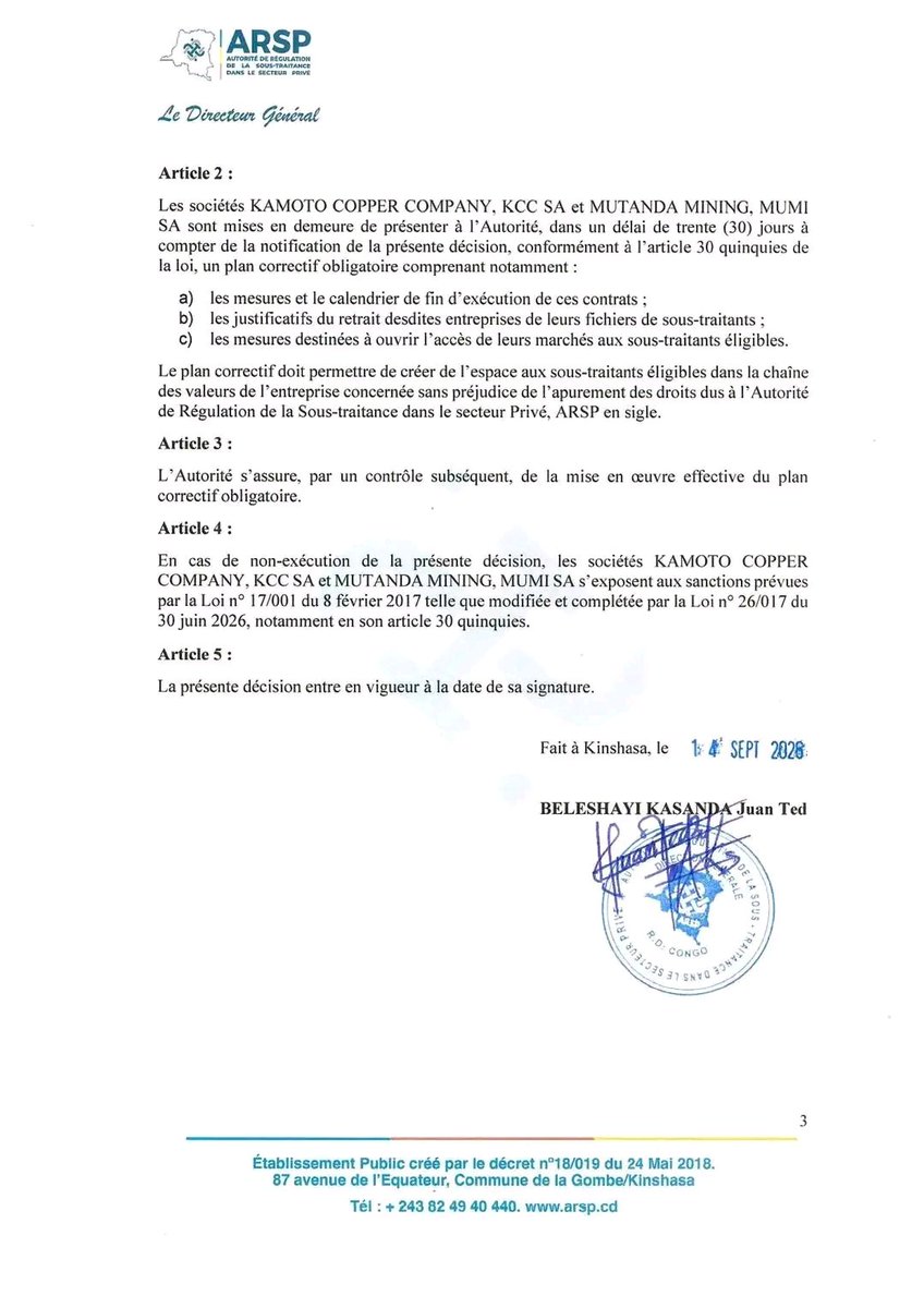 CorneilleMineur's tweet photo. La rigueur du DG @juantedbelkas dans la conduite des réformes à la tête de l'@ArspRdc mérite d’être saluée.
Ainsi, la mise en œuvre de la loi n°𝟐𝟔/𝟎𝟏𝟕 ouvre davantage la voie aux entrepreneurs congolais, longtemps écartés des opportunités liées à la sous-traitance. https://t.co/iJCLLi2uO7