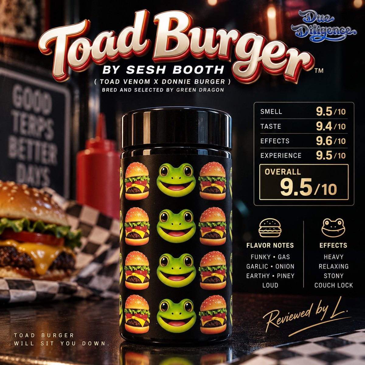 DueDiligence420's tweet photo. Toad Burger by Sesh Booth #SeshBooth
(Toad Venom x Donnie Burger bred and selected by Green Dragon)
@GreenDragonLA
Smell 9.5/10
Taste 9.4/10
Effects 9.6/10
Experience 9.5/10
Overall 9.5/10
Notes
Smell/Taste
Funky
Gas
Pungent
Garlic
Onion
Earthy
Piney
Loud
Lime on backend when you crack the nug, heavy gassy funk on front end
Extremely pungent after grinding
Heavy gas fumes after grind
Dry pull is onion, garlic, gas
Experience/Effects
Dense nugs
Smoked first joint before a workout
Smoked it before a jog and it felt like smoking a heavy indica dominant strain before doing something strenuous… this one’s more for chilling on the couch
Smoked it to the filter
Salt and pepper ash but smokes smooth
Very resinous, fat resin ring
Smoked second joint post workout after a meal
Strong
The strength is expected with its lineage. Donnie Burger is an amazing hashy strain that packs a serious punch. Toad Venom is also extremely strong.
Heavy body high
Sink into a couch or whatever you’re sitting on
Makes me feel like the girl that was flat on the couch in the dare commercial but in every good way possible 😂
Feels like this would be great for post workout recovery
Very relaxing stony high
Faded
Smoking a thoink of this is like taking a couple fat dabs as far as potency goes
If you’re a novice smoker do not smoke this and think you’re about to get shit done, fuhgeddaboutit. Your day is over finito se acabó.
Reviewed by L