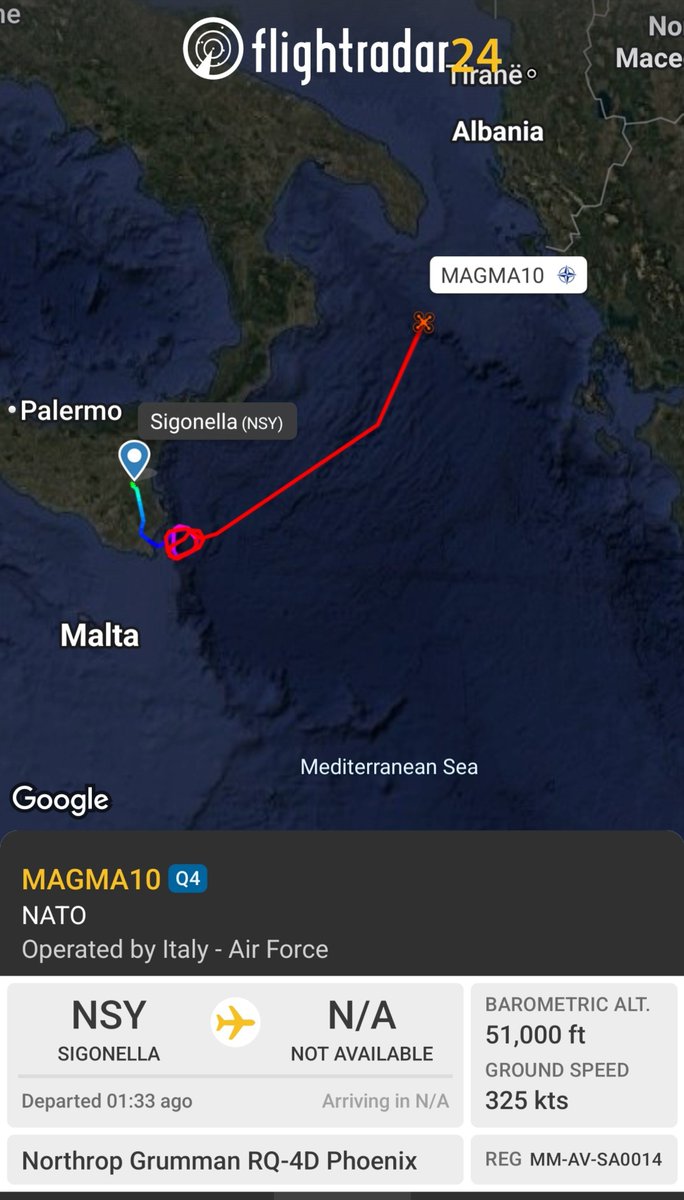 sipjack1776's tweet photo. NATO
(Operated by Italy Air Force)
RQ-4D Phoenix
#33FD6B/MM-AV-SA0014/MAGMA10
Tracking NE out of Sigonella.
@Borrowed7Time
@blackswanadria https://t.co/I6rFPInp21