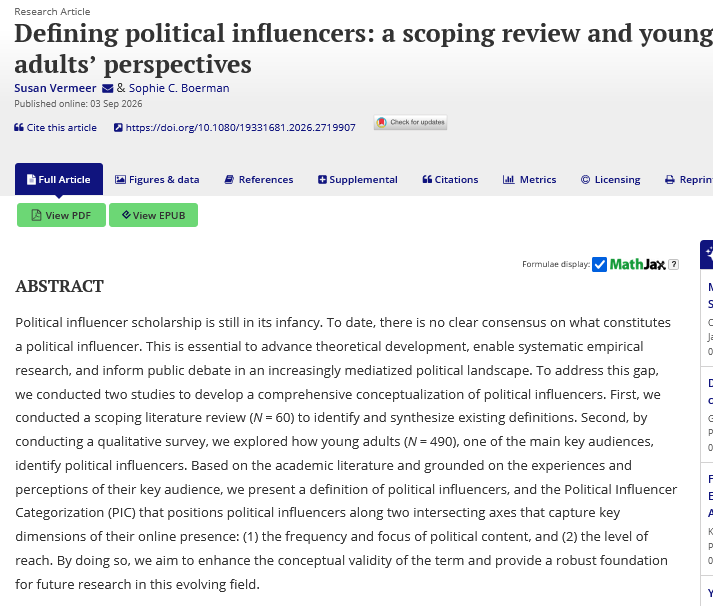 JITP_APSA's tweet photo. ‼️New publication‼️this study conducts a literature review and qualitative survey to address the lack of consensus on what a #politicalinfluencer is @susanvermeer @WUR 
🔖https://t.co/Z9XCuYmyO8
@apsa_itp @APSAtweets https://t.co/dOX6DxAqt4