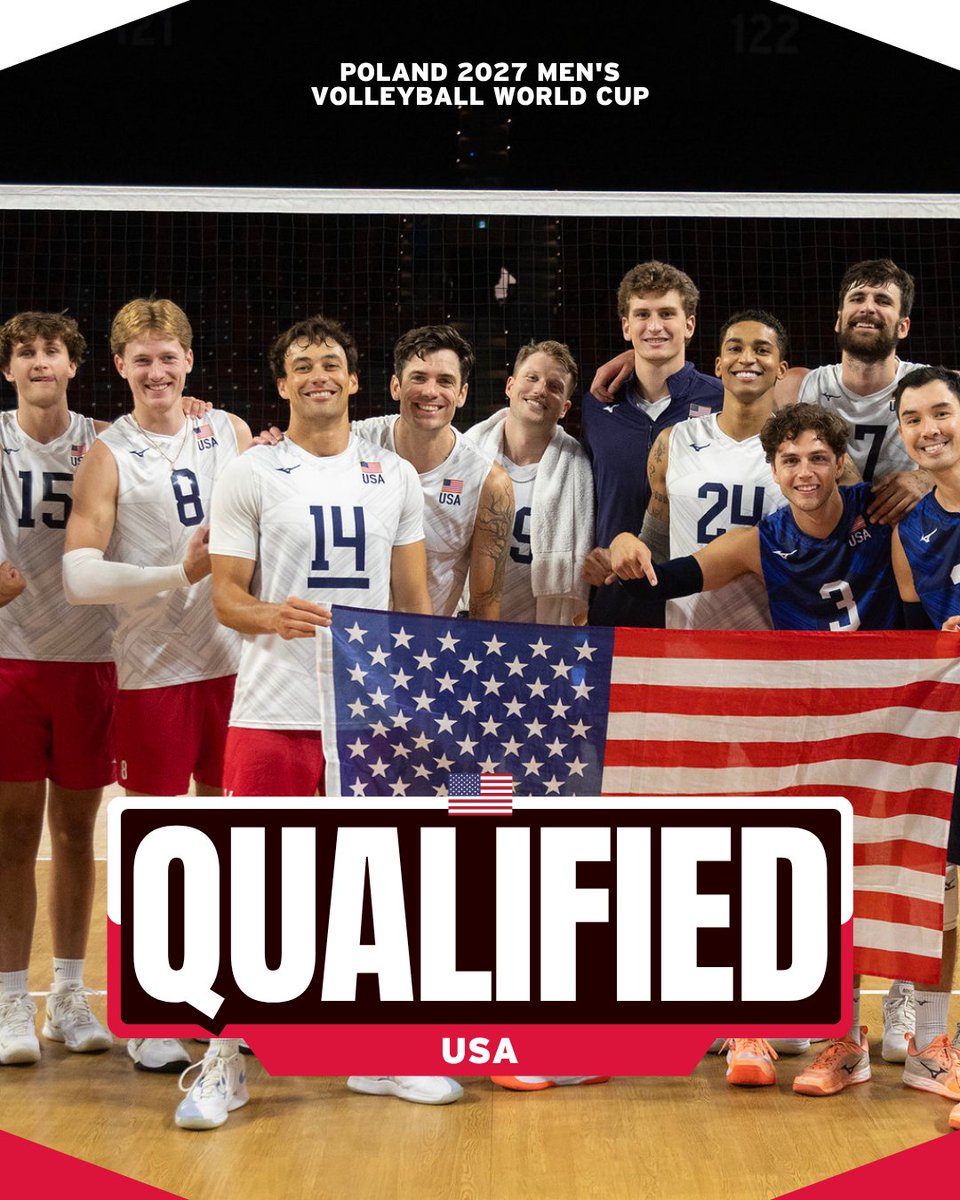 volleyballworld's tweet photo. ๐บ๐ธ USA ARE HEADING TO THE WORLD CUP! ๐๐ฅ
Team USA have punched their ticket to the 2027 FIVB Volleyball Menโs World Cup! ๐๐ฅ
Another World Cup appearance awaits the Americans as they get ready for Poland 2027.
๐ #Volleyball #VBWorldCup https://t.co/AD7GkVHrBM