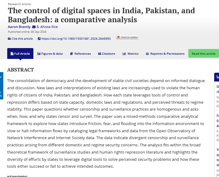 JITP_APSA's tweet photo. 📣New Publication📣 this study explores the control of #digitalspaces in #India,#Pakistan, &amp; #Bangladesh using a mixed methods approach to explore how states introduce friction, fear, and flooding into the information environment to slow the spread of information  @virginia_tech https://t.co/t4evNj14jL